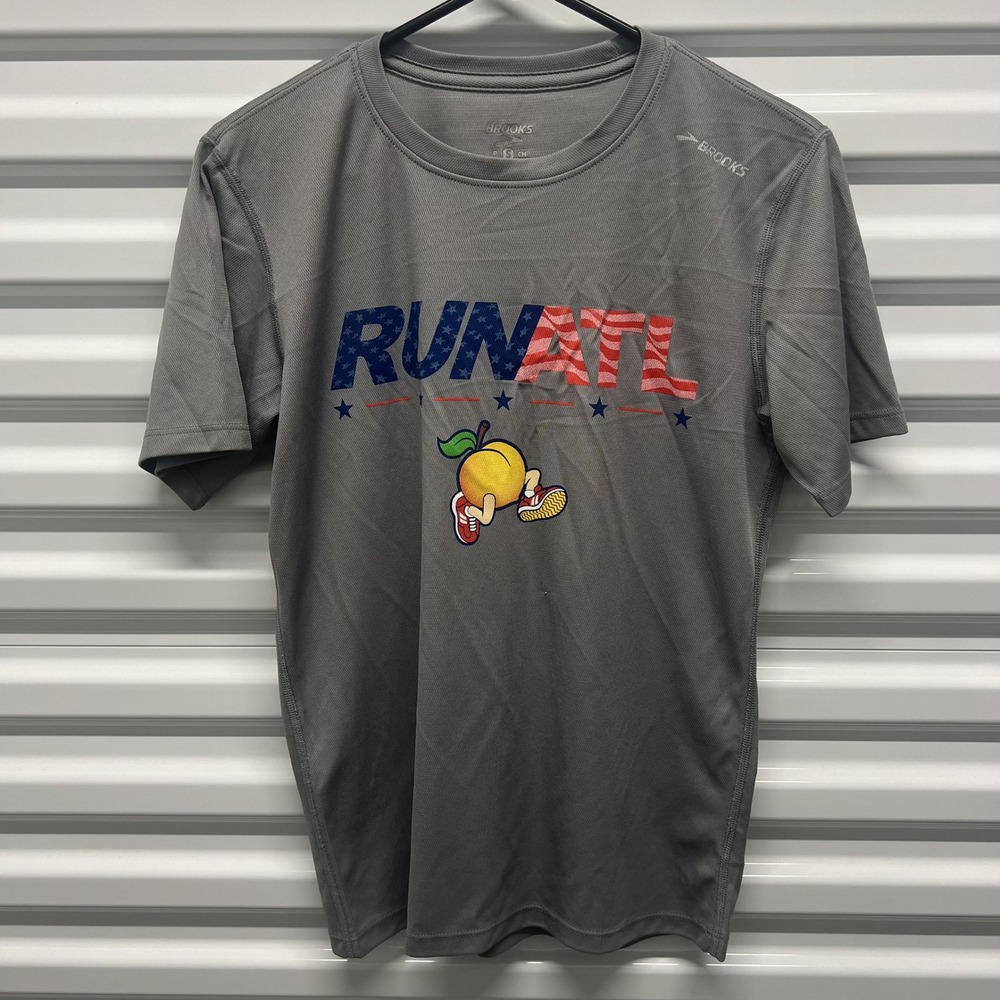 Brooks Run ATL T Shirt Mens Small Gray Independence‎ Day Running Peach Patriotic
